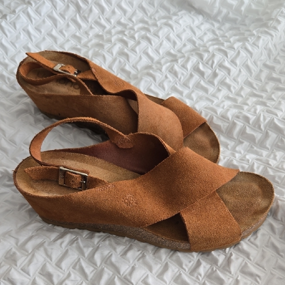 Yokono Women's Tan Suede Leather Wedge Slingback Sandals Summer Shoes Size 9